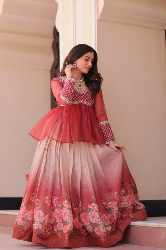 Designer Red Chiffon Beads Embroidered Top With Lehenga