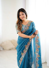 Stylish Blue Silk Embroidery Work Saree