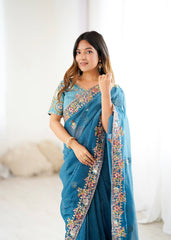 Stylish Blue Silk Embroidery Work Saree