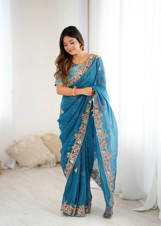 Stylish Blue Silk Embroidery Work Saree