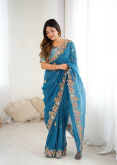Stylish Blue Silk Embroidery Work Saree
