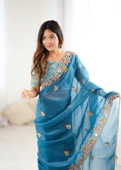 Stylish Blue Silk Embroidery Work Saree