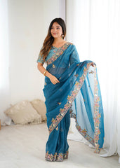 Stylish Blue Silk Embroidery Work Saree