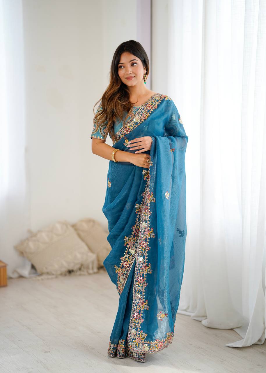 Stylish Blue Silk Embroidery Work Saree