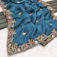 Stylish Blue Silk Embroidery Work Saree