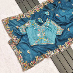 Stylish Blue Silk Embroidery Work Saree