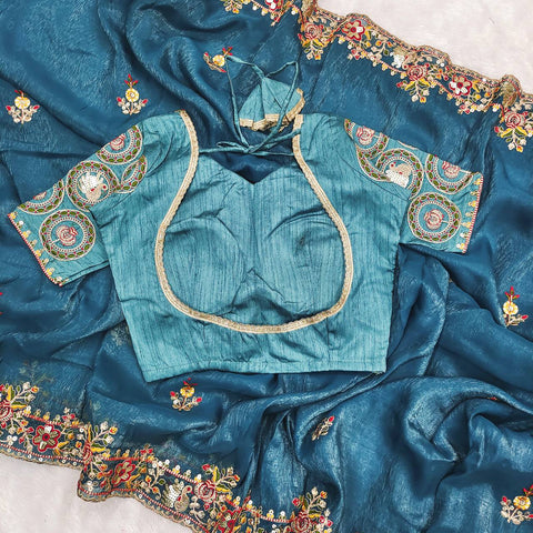 Stylish Blue Silk Embroidery Work Saree