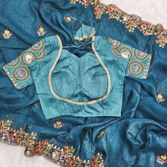 Stylish Blue Silk Embroidery Work Saree