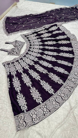 Marriage Wear Violet Color Thread Work Silk Lehenga Choli