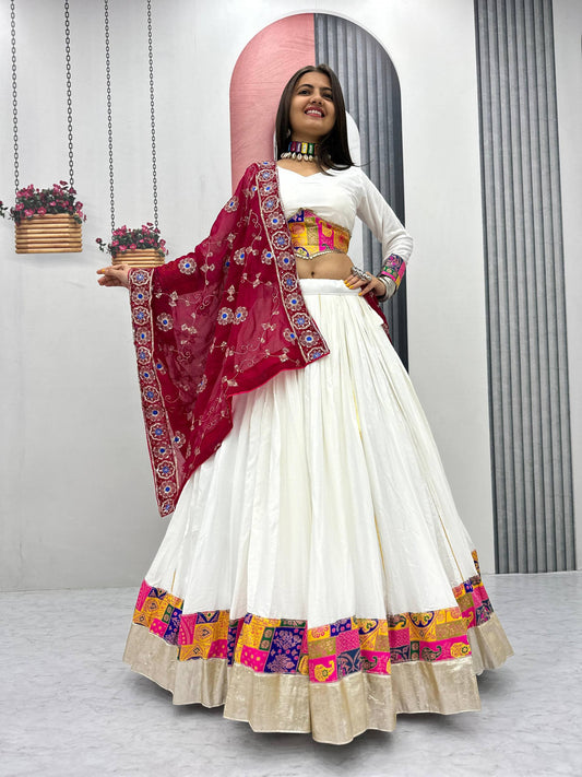 Wonderful White Cotton Jaccard Work Lehenga Choli