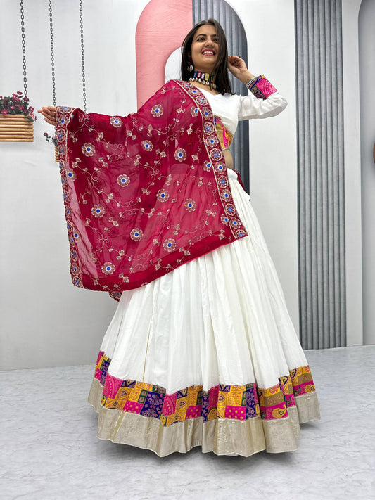 Wonderful White Cotton Jaccard Work Lehenga Choli