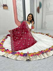 Wonderful White Cotton Jaccard Work Lehenga Choli