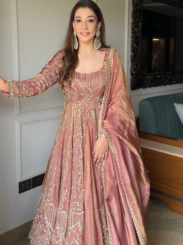Gorgeous Pink Silk Sequence Work Top With Palazzo Suit