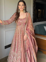 Gorgeous Pink Silk Sequence Work Top With Palazzo Suit