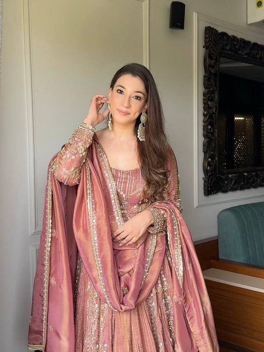 Gorgeous Pink Silk Sequence Work Top With Palazzo Suit