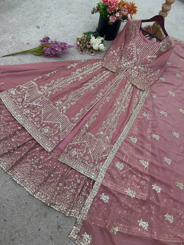 Gorgeous Pink Silk Sequence Work Top With Palazzo Suit