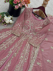 Gorgeous Pink Silk Sequence Work Top With Palazzo Suit