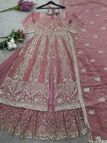 Gorgeous Pink Silk Sequence Work Top With Palazzo Suit
