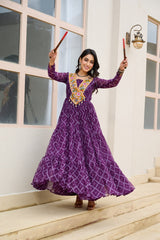 Stylish Yellow Georgette Bandhani Work Navratri Gown