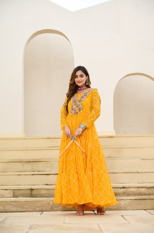 Stylish Yellow Georgette Bandhani Work Navratri Gown