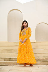 Stylish Yellow Georgette Bandhani Work Navratri Gown