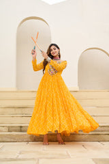 Stylish Yellow Georgette Bandhani Work Navratri Gown