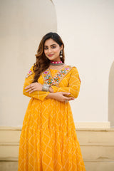Stylish Yellow Georgette Bandhani Work Navratri Gown