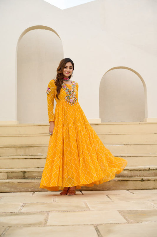 Stylish Yellow Georgette Bandhani Work Navratri Gown