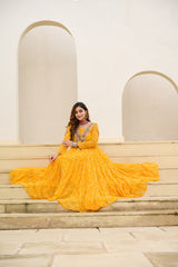 Stylish Yellow Georgette Bandhani Work Navratri Gown