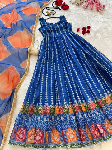 Exclusive Blue Organza Digital Work Gown