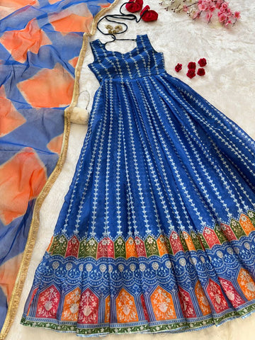 Exclusive Blue Organza Digital Work Gown