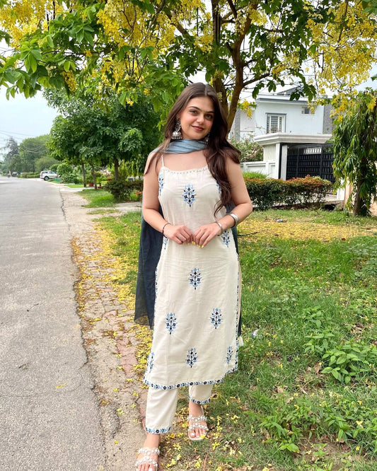 Gorgeous White Khadi Cotton Embroidery Salwar Suit