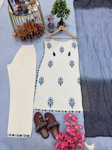 Gorgeous White Khadi Cotton Embroidery Salwar Suit