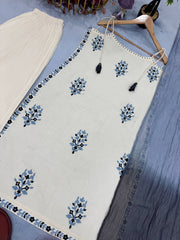 Gorgeous White Khadi Cotton Embroidery Salwar Suit