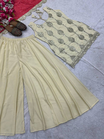 Exclusive Beige Crepe Silk Sequence Work Palazzo Suit