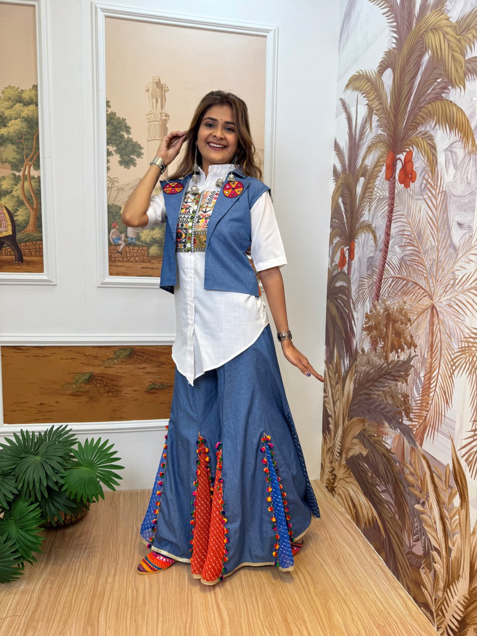 Navratri Special Blue Cotton With Embroidered Koti With Palazzo Suit