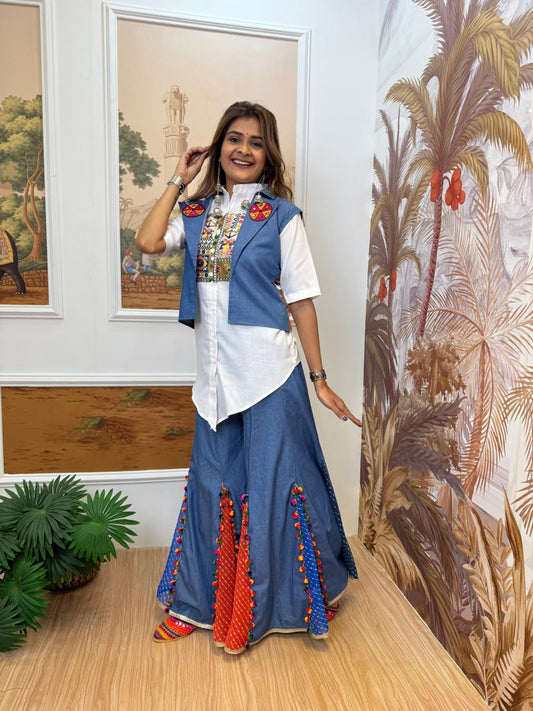 Navratri Special Blue Cotton With Embroidered Koti With Palazzo Suit