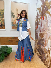 Navratri Special Blue Cotton With Embroidered Koti With Palazzo Suit