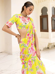 Glorious Yellow Georgette Printed Ready To Wear Lehenga Saree