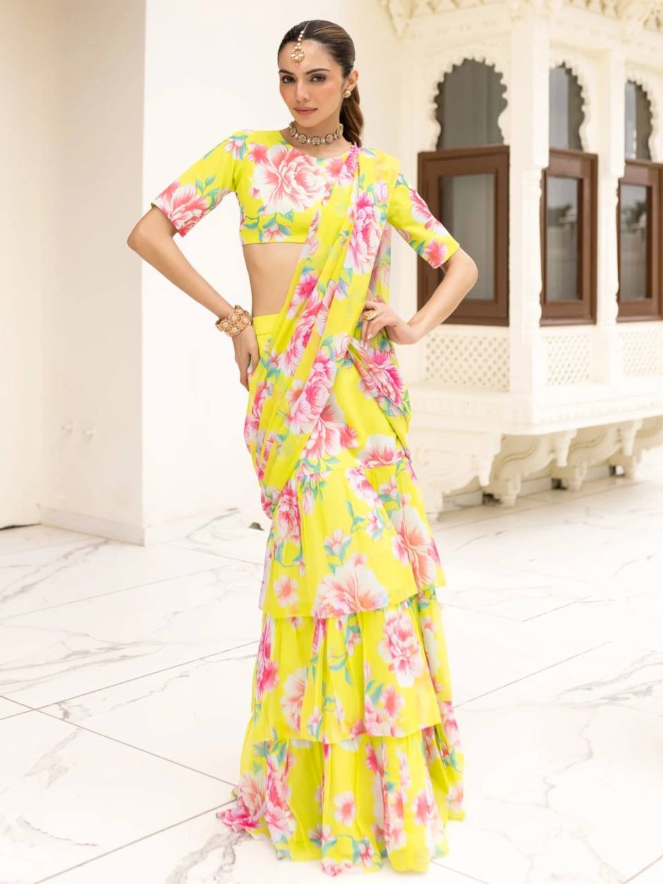 Glorious Yellow Georgette Printed Ready To Wear Lehenga Saree