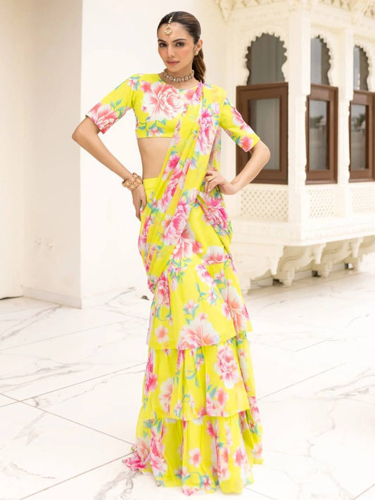 Glorious Yellow Georgette Printed Ready To Wear Lehenga Saree