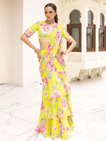 Glorious Yellow Georgette Printed Ready To Wear Lehenga Saree