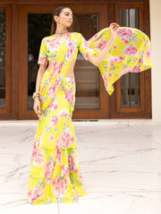 Glorious Yellow Georgette Printed Ready To Wear Lehenga Saree
