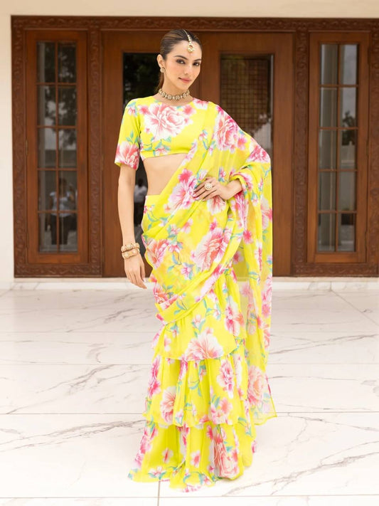 Glorious Yellow Georgette Printed Ready To Wear Lehenga Saree