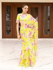 Glorious Yellow Georgette Printed Ready To Wear Lehenga Saree