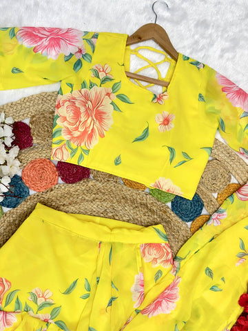 Glorious Yellow Georgette Printed Ready To Wear Lehenga Saree