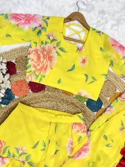 Glorious Yellow Georgette Printed Ready To Wear Lehenga Saree