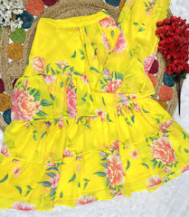 Glorious Yellow Georgette Printed Ready To Wear Lehenga Saree