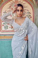 Lovely Sky Blue Georgette Thread Work Saree