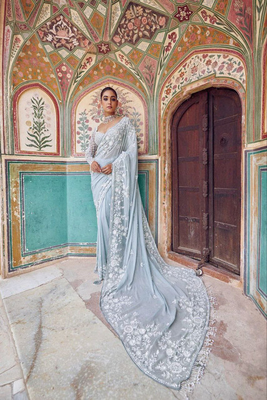 Lovely Sky Blue Georgette Thread Work Saree